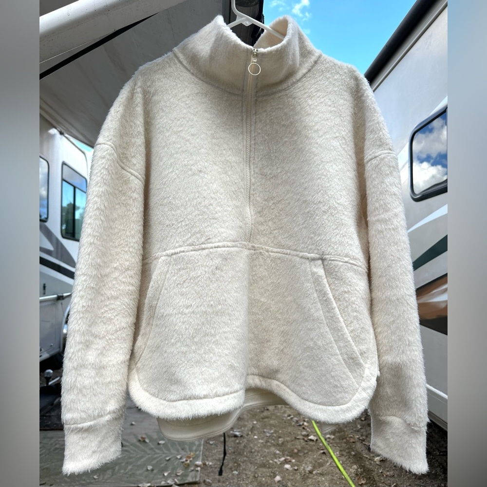 Fleece Pullover Sweater Women’s XXL Off White Cowl Neck Fuzzy 1/2‎ Zip Soft Cozy